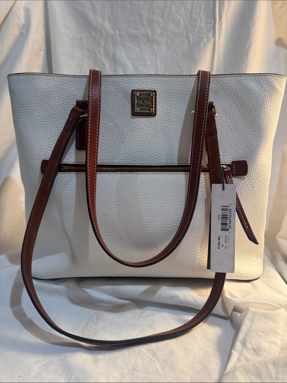 Dooney & Bourke White Pebbled Leather Tote with Brown Trim and Straps
